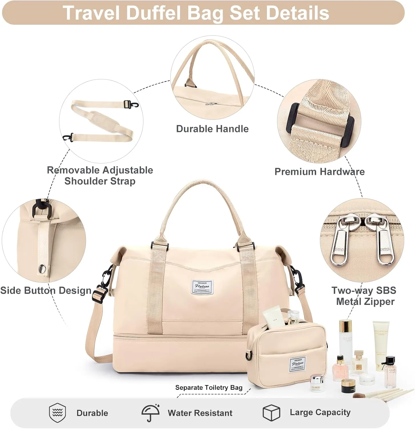 Travel Bag with Shoes Compartment,Weekender Bags for Women Travel,Carry On Duffel Overnight Bag with Toiletry Bag&Trolley Sleeve,Travel Tote Bag Sports Gym Bag,Beige