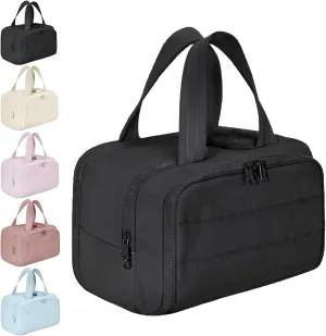 Travel Cosmetic Bag, Large Capacity Wide-Open Travel Cosmetic Bag, Lightweight Toiletry Bag, Puffy Makeup Bag Organizer with Handle for Accessories,Essentials, Toiletries (Black)