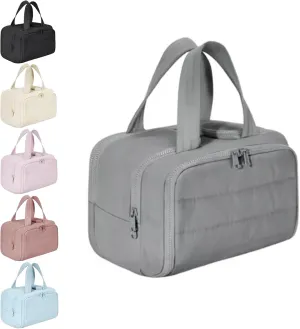 Travel Cosmetic Bag, Large Capacity Wide-Open Travel Cosmetic Bag, Lightweight Toiletry Bag, Puffy Makeup Bag Organizer with Handle for Accessories,Essentials, Toiletries (Grey)