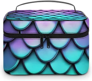 Travel Cosmetic Cases for Women, Multifunctional Makeup Organizer Bag, Purple Turquoise Sparkling Mermaid Scales Pattern Toiletry Storage Bag with Handle and Divider