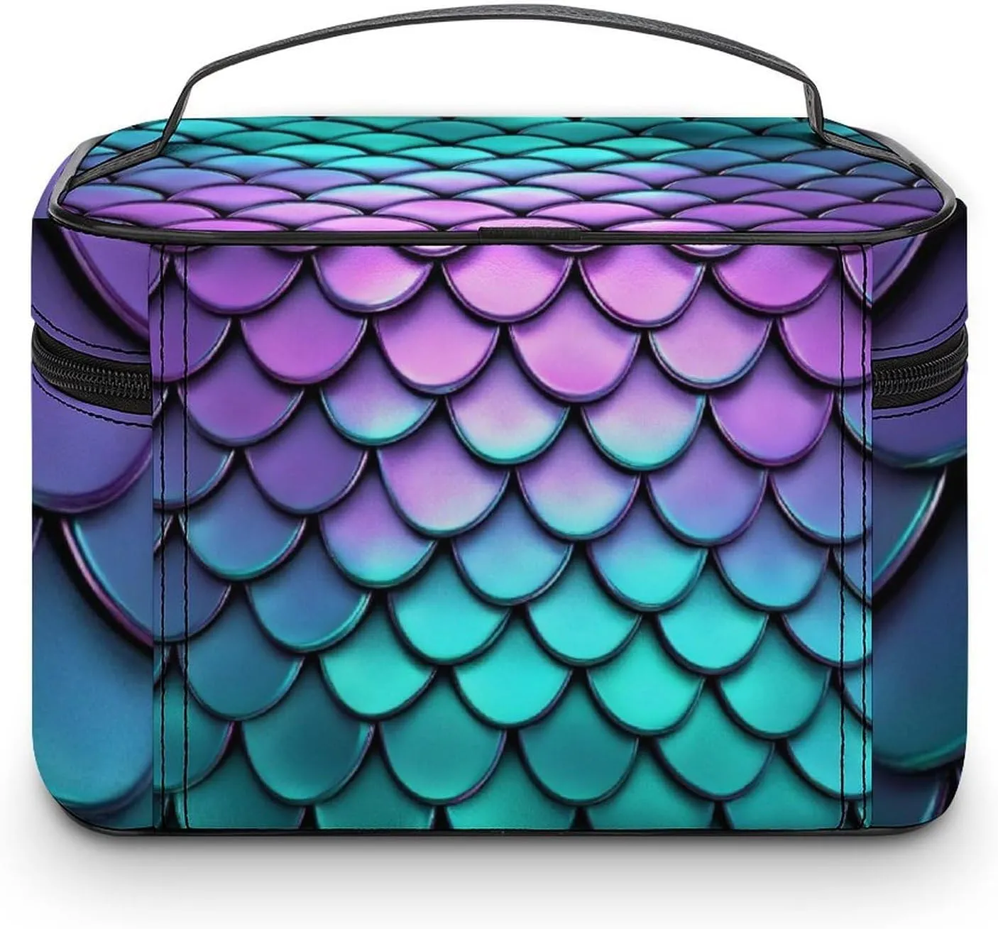 Travel Cosmetic Cases for Women, Multifunctional Makeup Organizer Bag, Purple Turquoise Sparkling Mermaid Scales Pattern Toiletry Storage Bag with Handle and Divider