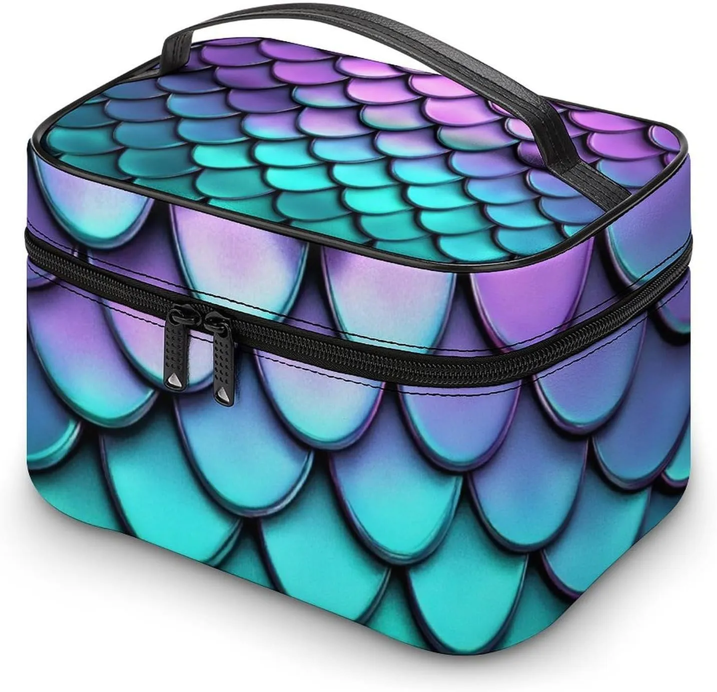 Travel Cosmetic Cases for Women, Multifunctional Makeup Organizer Bag, Purple Turquoise Sparkling Mermaid Scales Pattern Toiletry Storage Bag with Handle and Divider