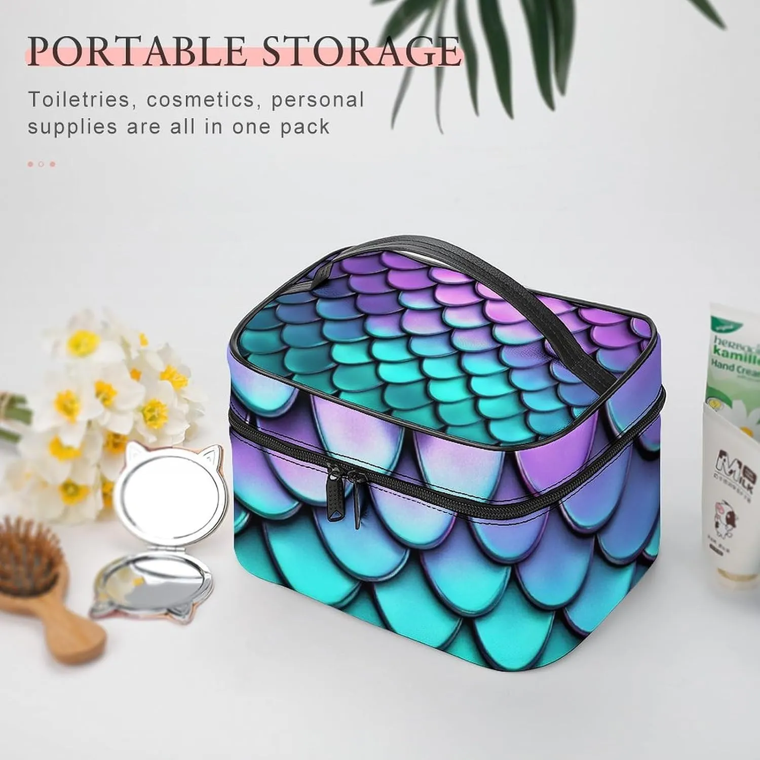 Travel Cosmetic Cases for Women, Multifunctional Makeup Organizer Bag, Purple Turquoise Sparkling Mermaid Scales Pattern Toiletry Storage Bag with Handle and Divider