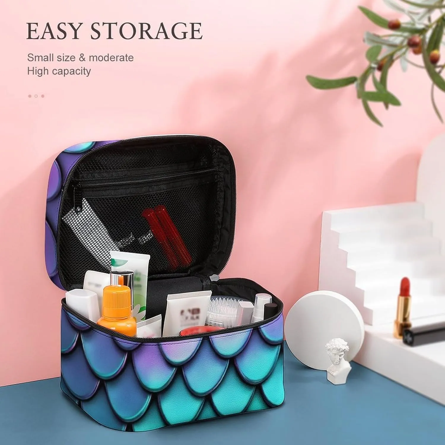 Travel Cosmetic Cases for Women, Multifunctional Makeup Organizer Bag, Purple Turquoise Sparkling Mermaid Scales Pattern Toiletry Storage Bag with Handle and Divider