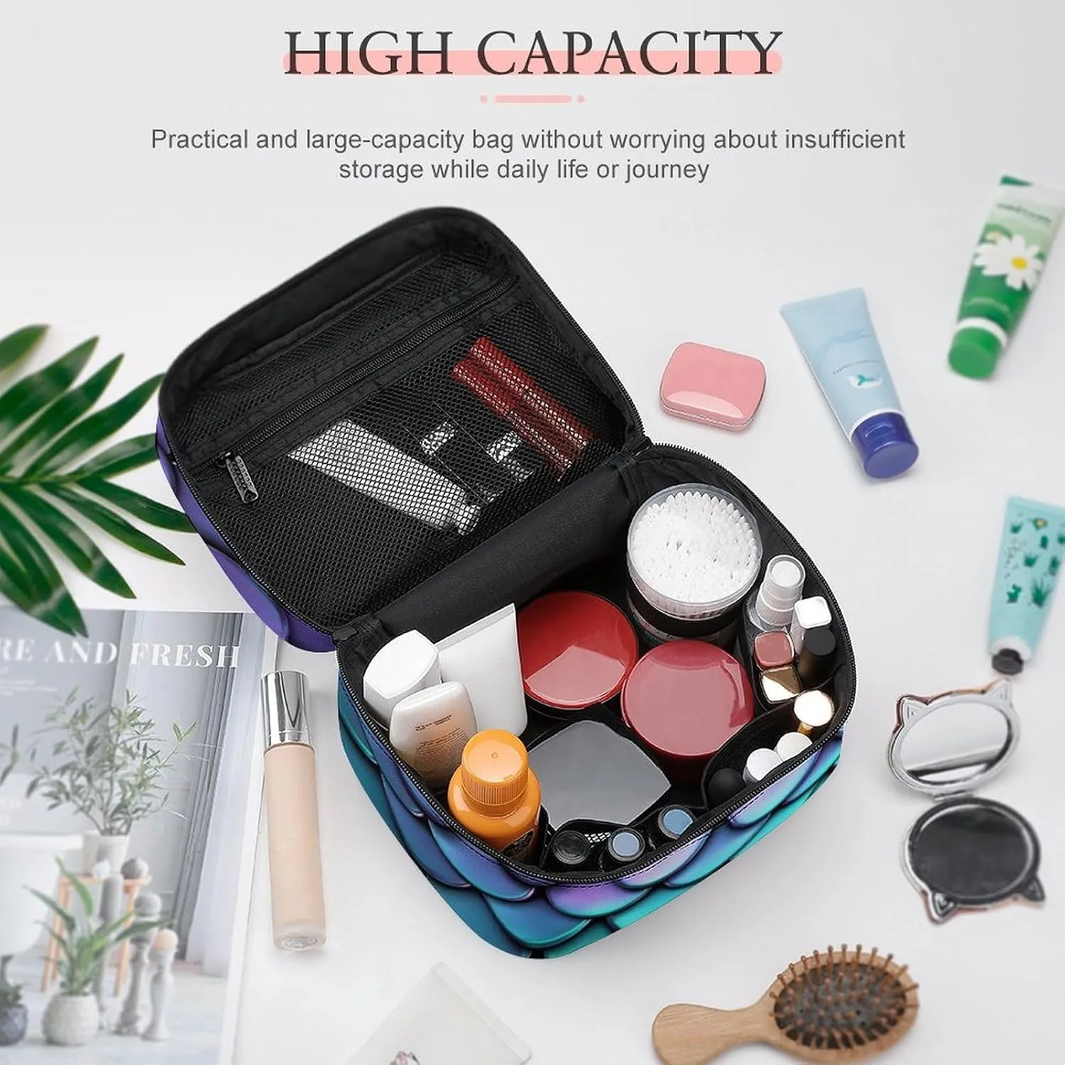 Travel Cosmetic Cases for Women, Multifunctional Makeup Organizer Bag, Purple Turquoise Sparkling Mermaid Scales Pattern Toiletry Storage Bag with Handle and Divider