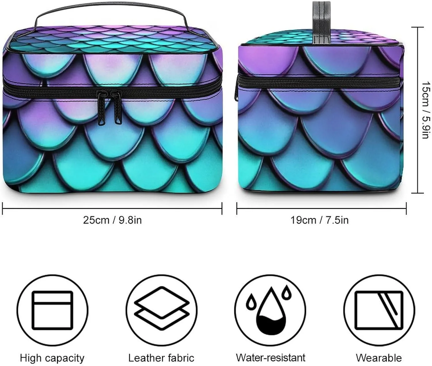 Travel Cosmetic Cases for Women, Multifunctional Makeup Organizer Bag, Purple Turquoise Sparkling Mermaid Scales Pattern Toiletry Storage Bag with Handle and Divider