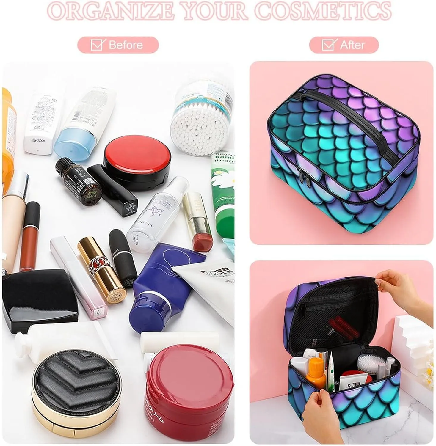 Travel Cosmetic Cases for Women, Multifunctional Makeup Organizer Bag, Purple Turquoise Sparkling Mermaid Scales Pattern Toiletry Storage Bag with Handle and Divider