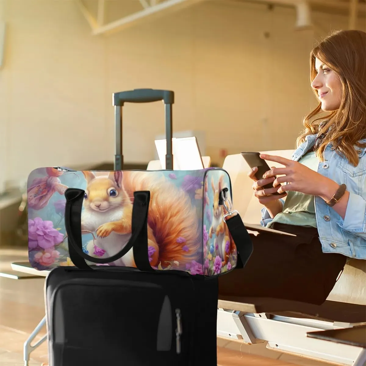 Travel Duffel Bag, Cute Animal Squirrel Sports Tote Gym Bag Foldable Western Aztec Weekender Bag Carry on Luggage Handle Bag Overnight Shoulder Bag for Women Men,A-1705