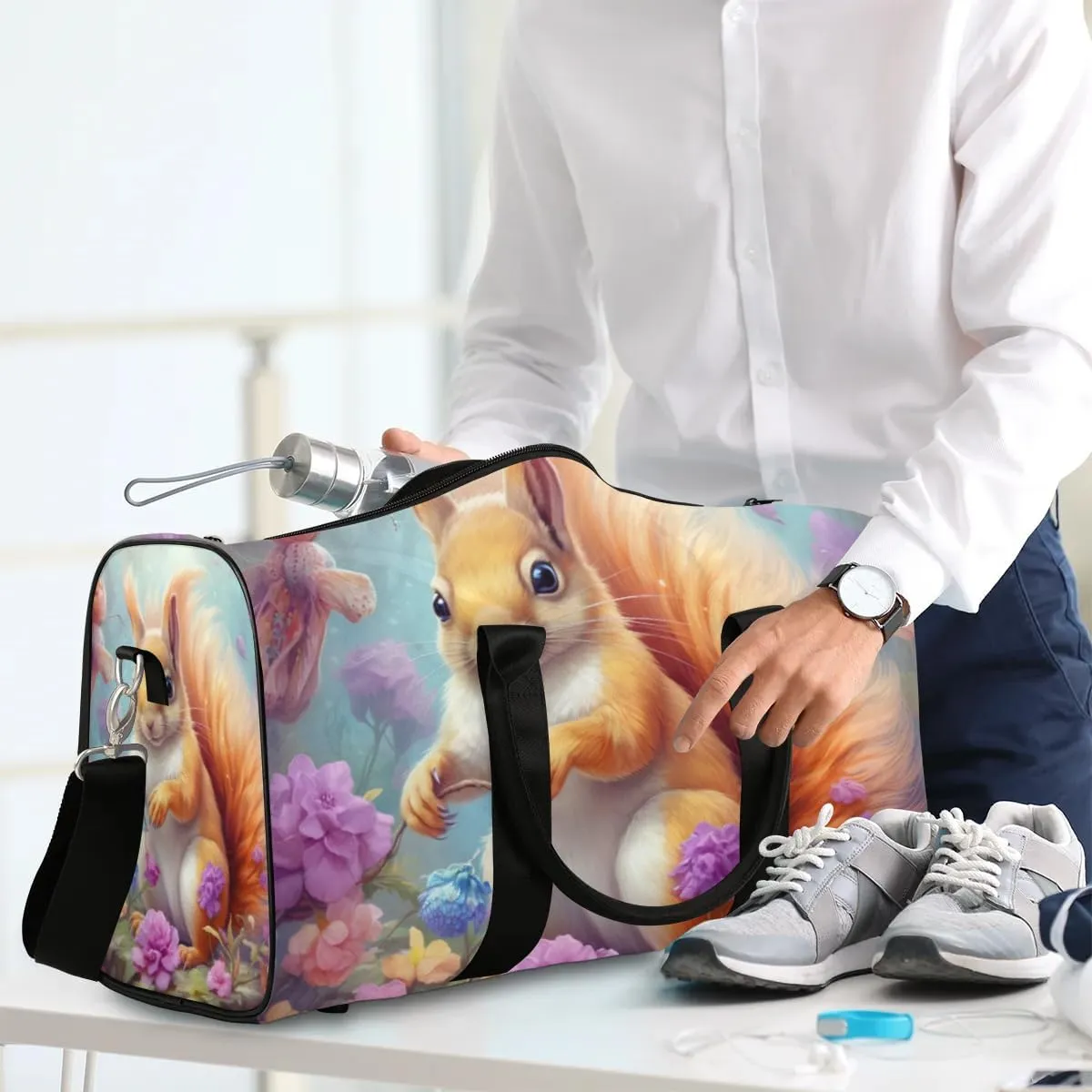 Travel Duffel Bag, Cute Animal Squirrel Sports Tote Gym Bag Foldable Western Aztec Weekender Bag Carry on Luggage Handle Bag Overnight Shoulder Bag for Women Men,A-1705