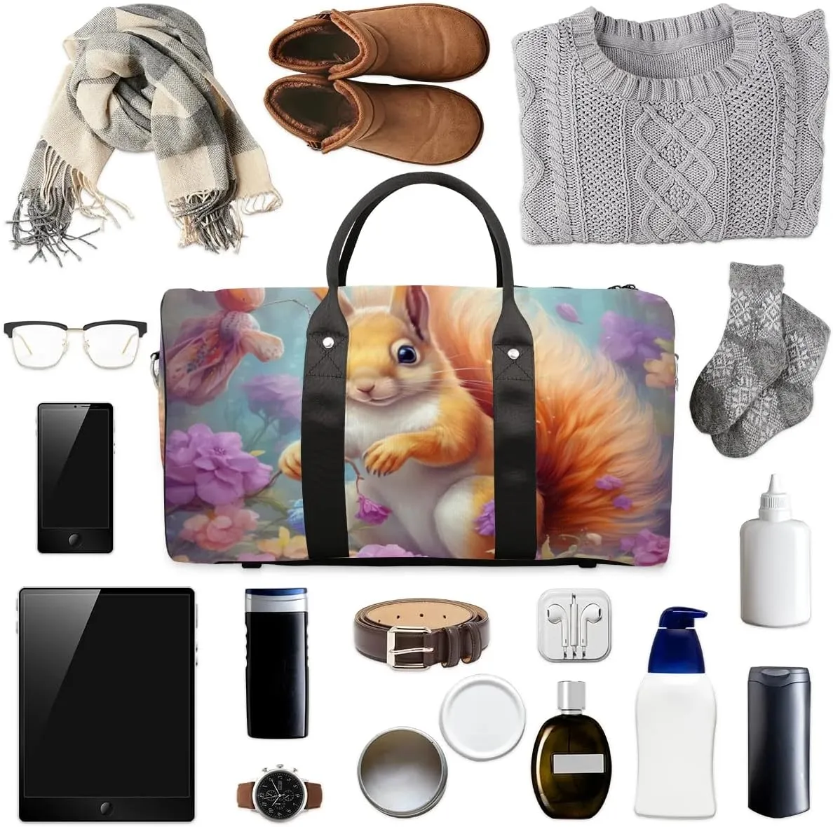 Travel Duffel Bag, Cute Animal Squirrel Sports Tote Gym Bag Foldable Western Aztec Weekender Bag Carry on Luggage Handle Bag Overnight Shoulder Bag for Women Men,A-1705