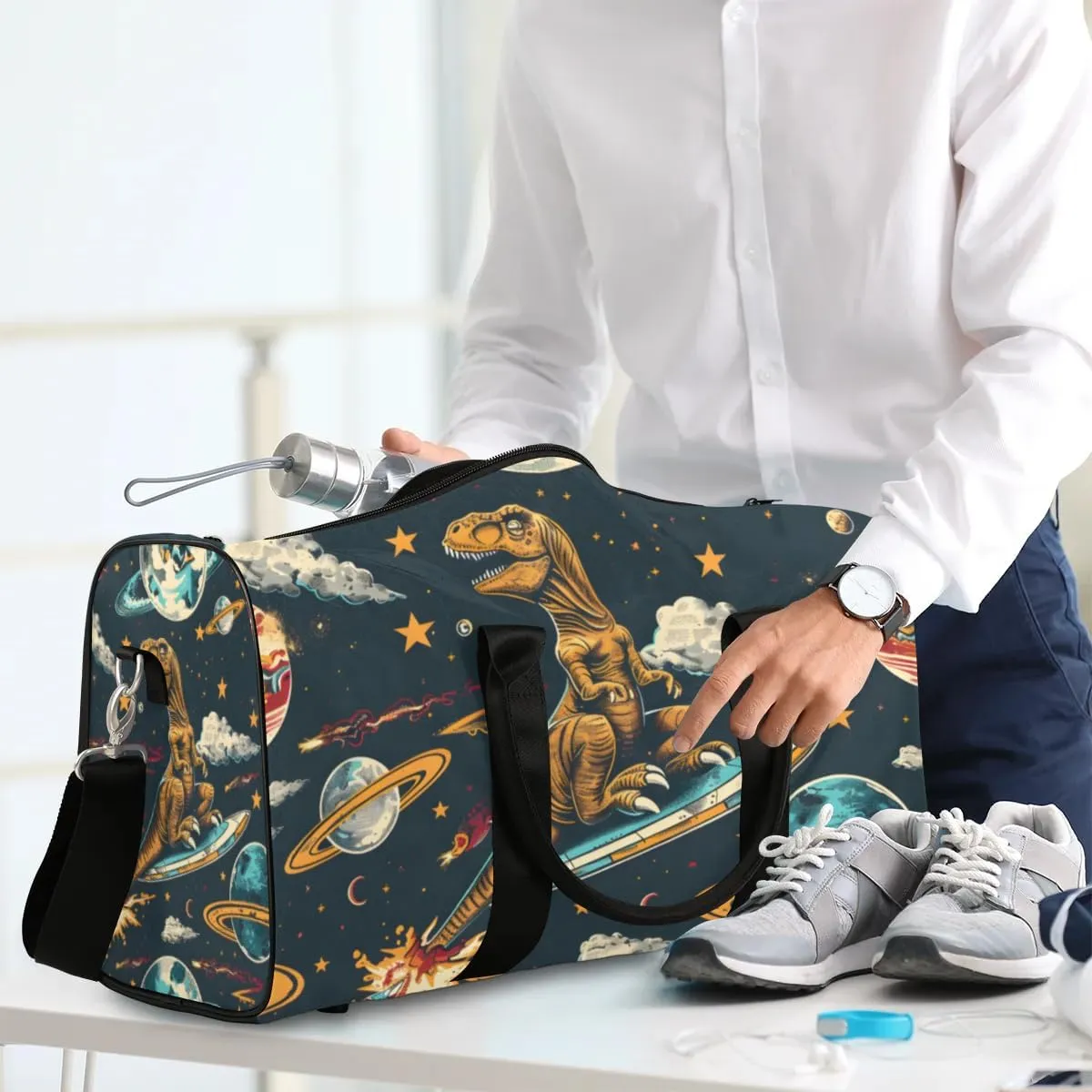 Travel Duffel Bag, Funny Universe Dinosaur Animal Sports Tote Gym Bag Foldable Western Aztec Weekender Bag Carry on Luggage Handle Bag Overnight Shoulder Bag for Women Men,A-251