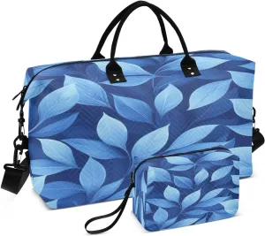Travel Duffel Bag Large Weekender Overnight Bags for Women Men, Blue Leaf Motif Gym Bag with Toiletry Bag
