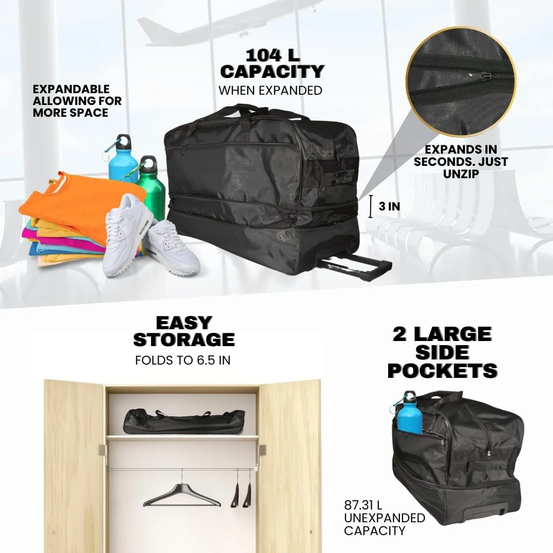 Travel Duffle Bag 87L, Foldable, Expandable to 104L, Gym Travel Carry On Overnight Weekender Retractable Handle Women Men (Black)