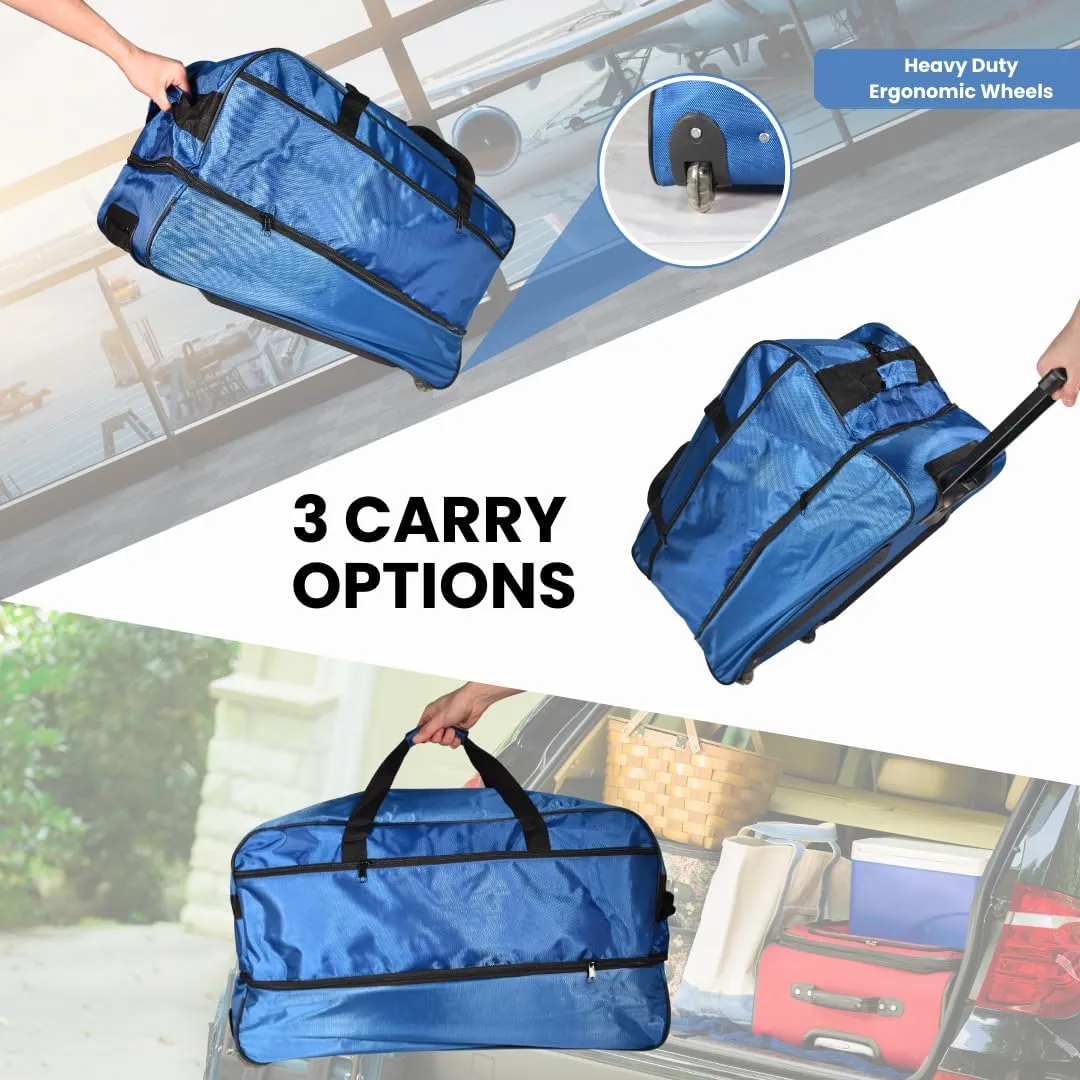 Travel Duffle Bag 87L, Foldable, Expandable to 104L, Gym Travel Carry On Overnight Weekender Retractable Handle Women Men (Blue)