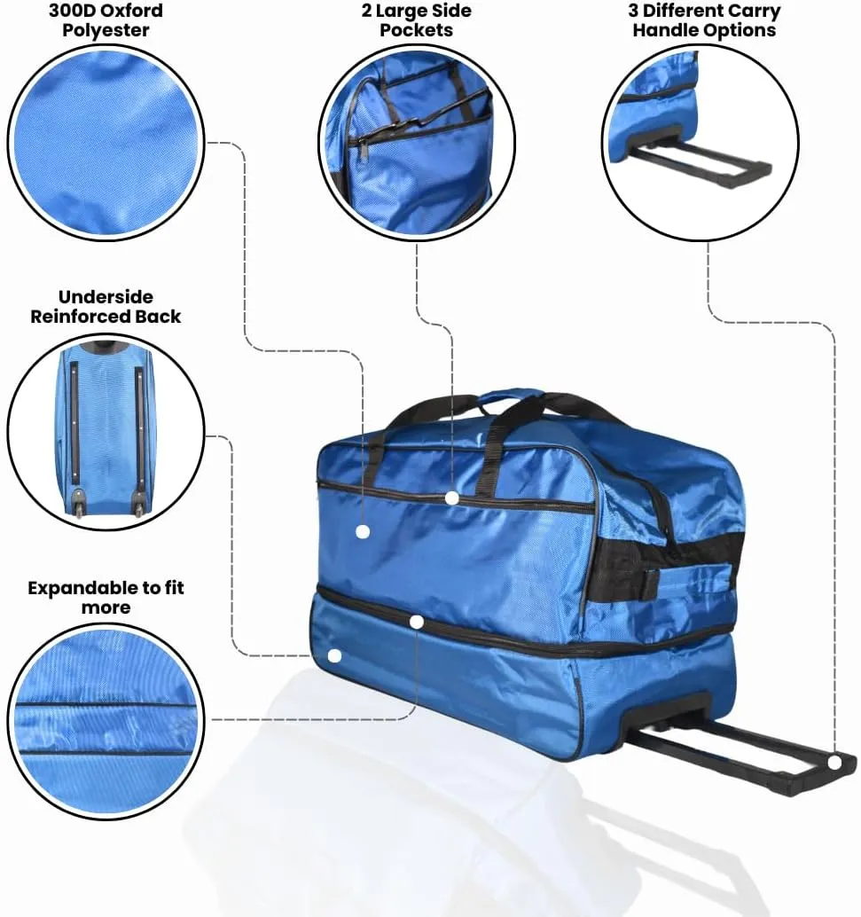 Travel Duffle Bag 87L, Foldable, Expandable to 104L, Gym Travel Carry On Overnight Weekender Retractable Handle Women Men (Blue)