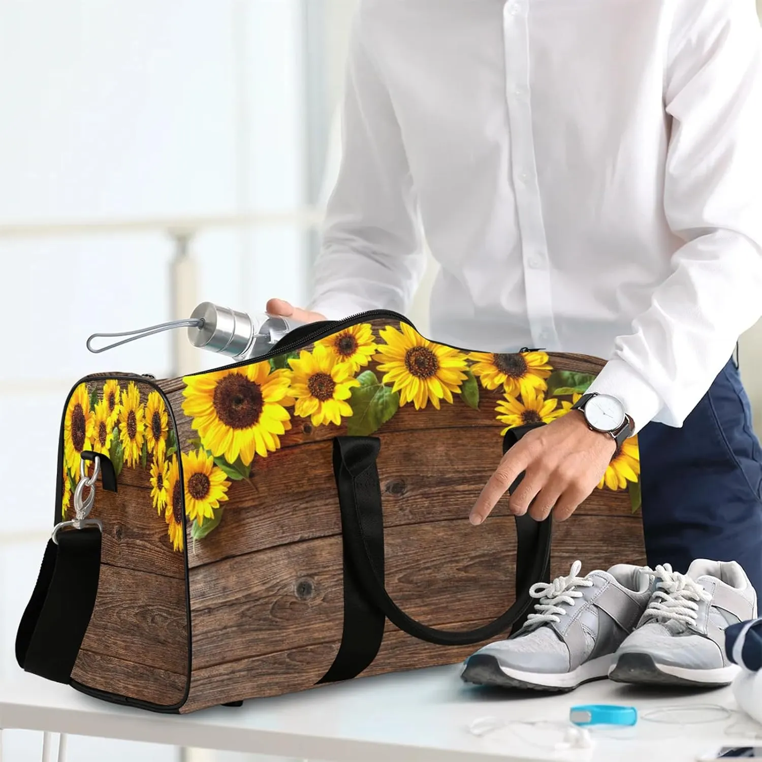 Travel Duffle Bag Flower Wood Texture Sports Gym Bags for Women Men Weekender Overnight Bags Waterproof Carry On Tote Bag Workout Bag for Dance Swimming Yoga Hospital