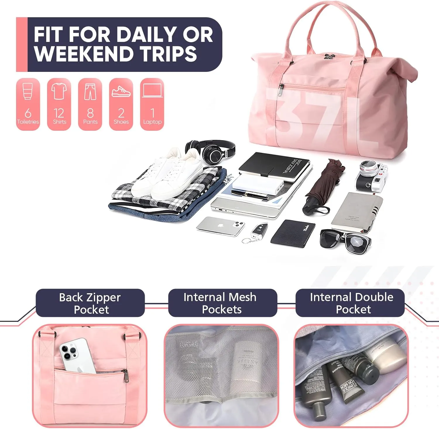 Travel Duffle Bag, Weekender Travel Bag Men Small Gym Bag for Women, Hospital Bag for Labor and Delivery, Overnight Bag Luggage Bag with Trolley Sleeve, Airplane Travel Essentials for Flying(Pink)