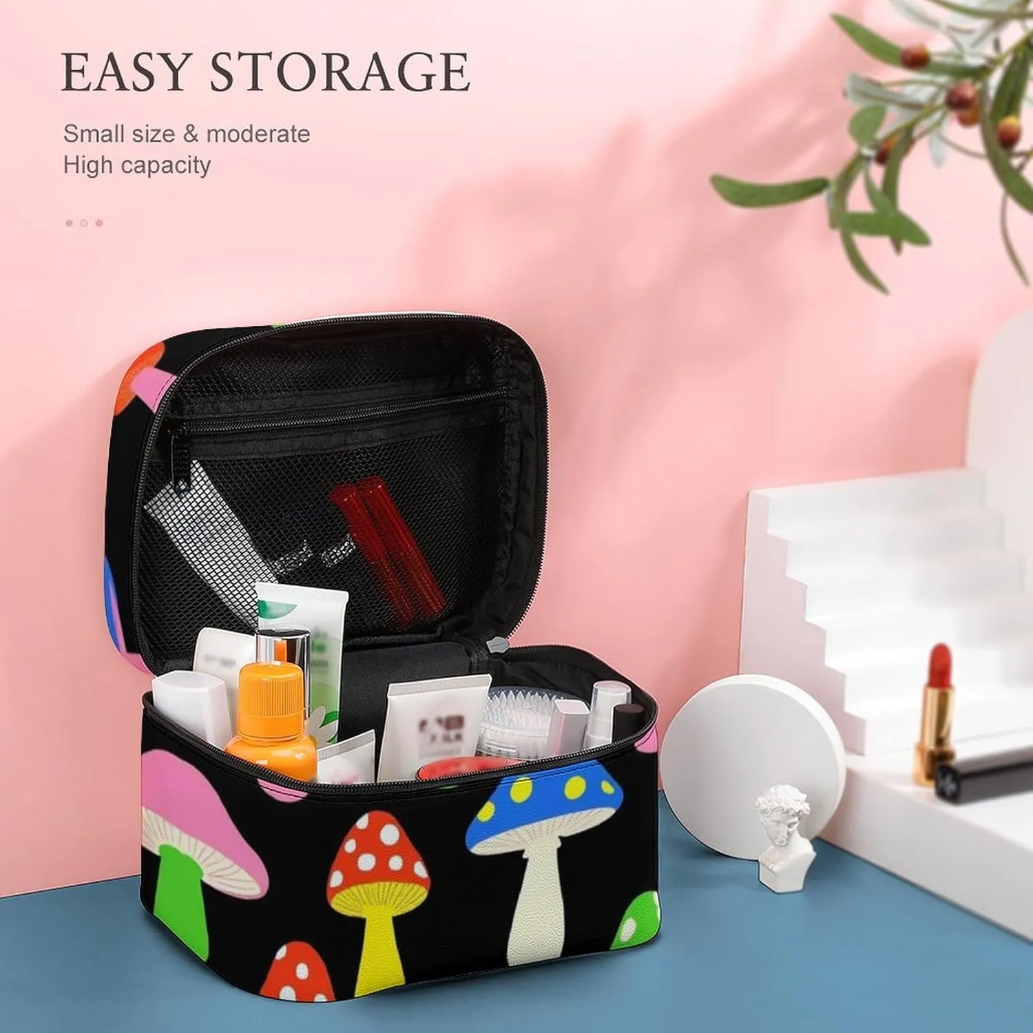 Travel Large Cosmetic Bag for Women, Portable Makeup Organizer Case with Handle Cute Mushrooms Ladies Funny Mushroom Toiletry Bag Makeup Accessories