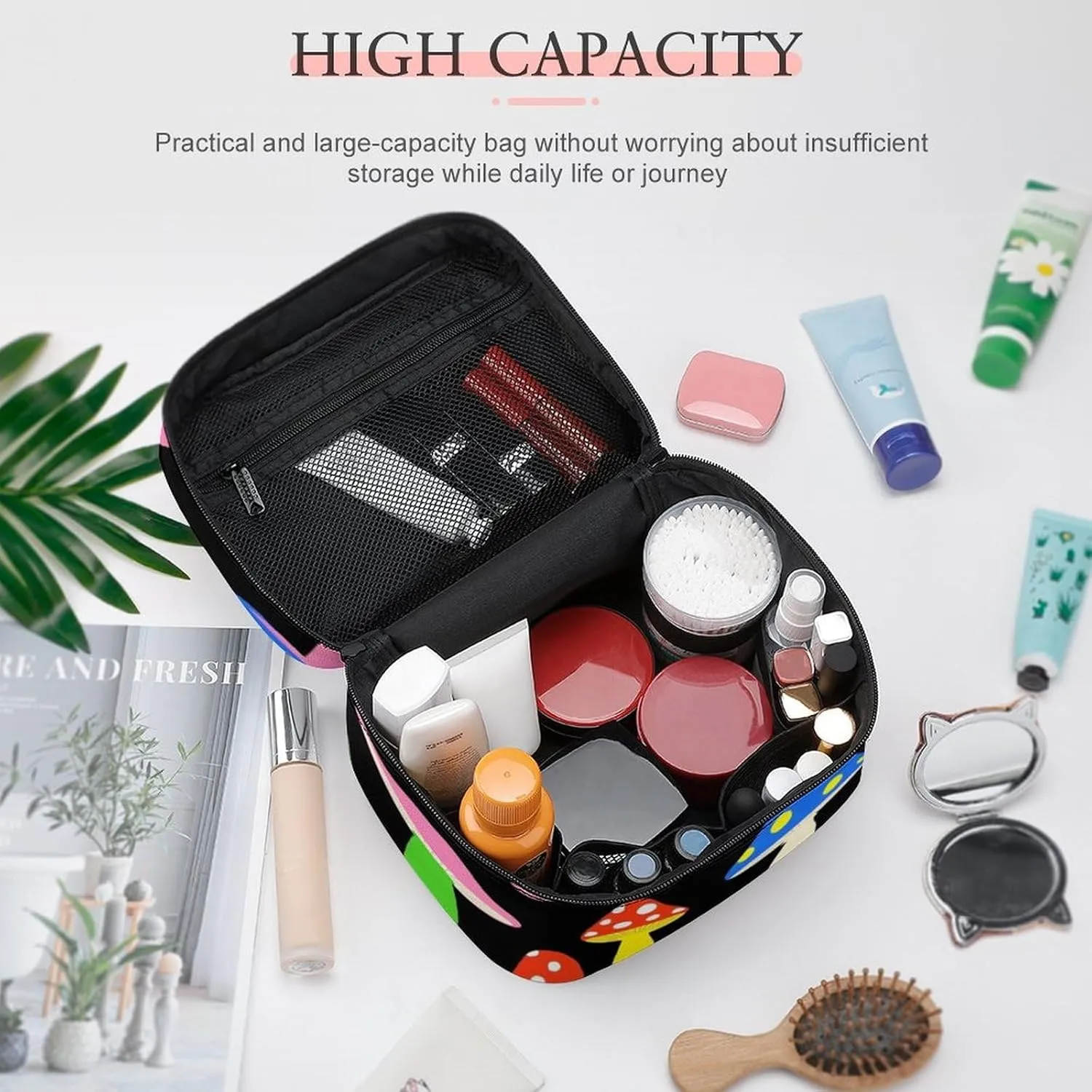 Travel Large Cosmetic Bag for Women, Portable Makeup Organizer Case with Handle Cute Mushrooms Ladies Funny Mushroom Toiletry Bag Makeup Accessories