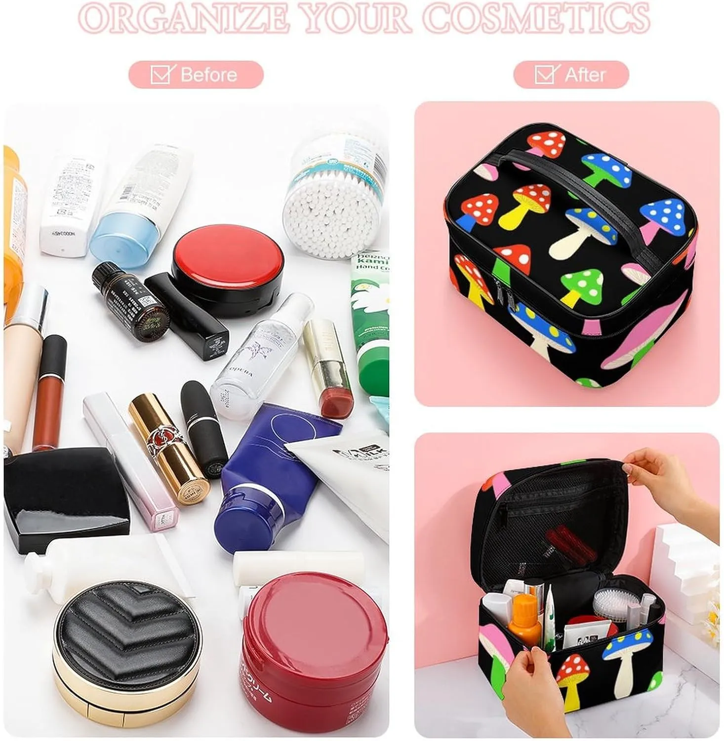 Travel Large Cosmetic Bag for Women, Portable Makeup Organizer Case with Handle Cute Mushrooms Ladies Funny Mushroom Toiletry Bag Makeup Accessories