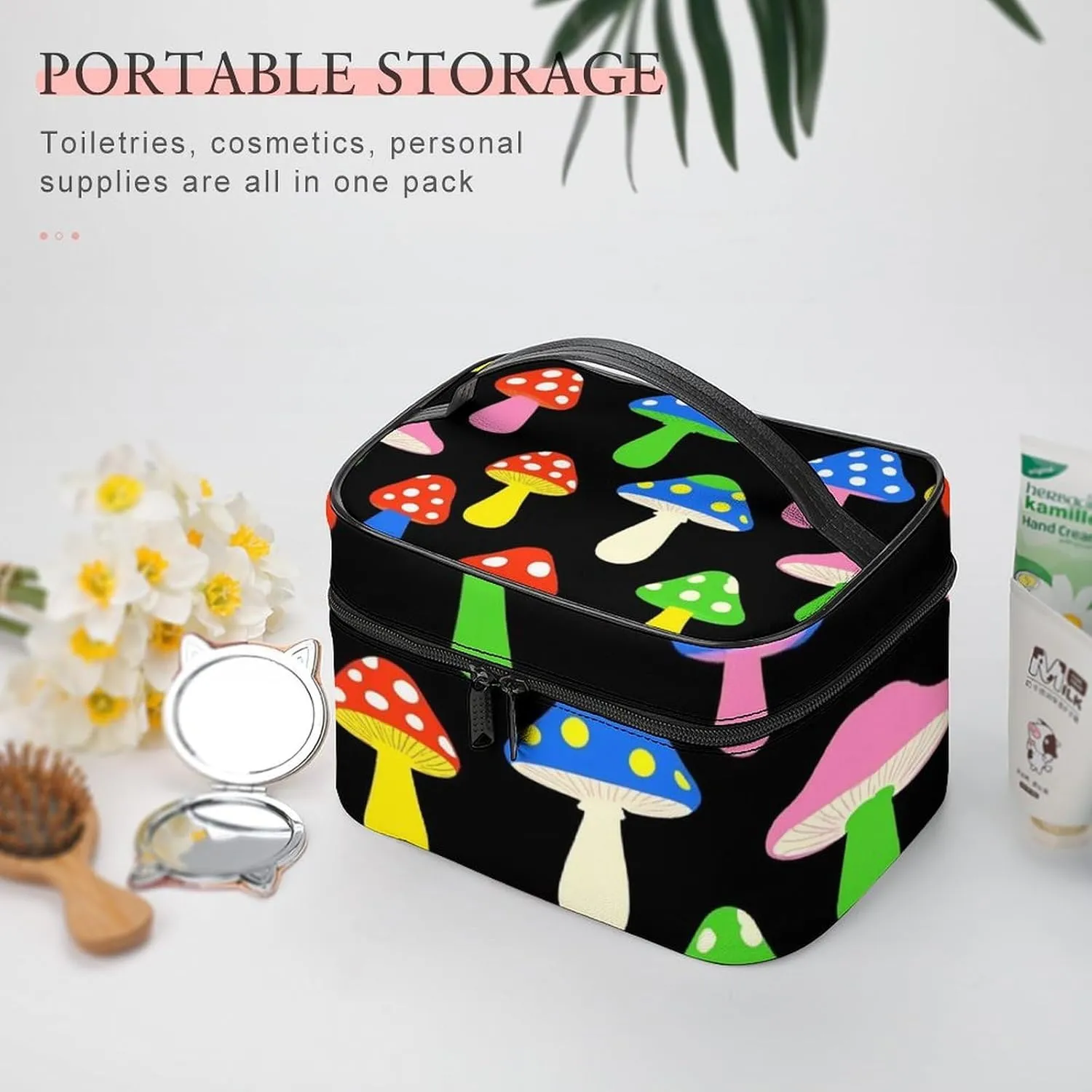 Travel Large Cosmetic Bag for Women, Portable Makeup Organizer Case with Handle Cute Mushrooms Ladies Funny Mushroom Toiletry Bag Makeup Accessories