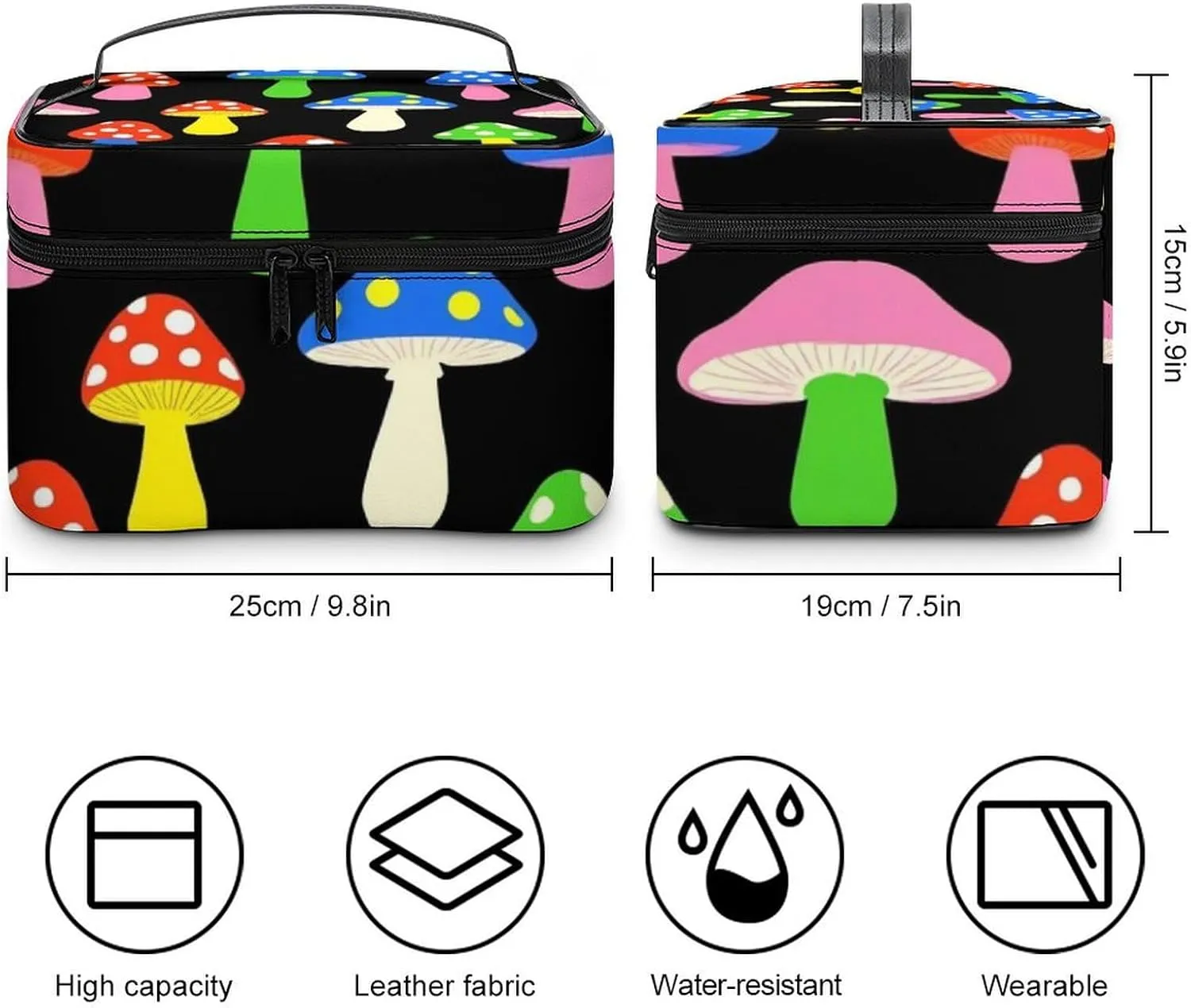 Travel Large Cosmetic Bag for Women, Portable Makeup Organizer Case with Handle Cute Mushrooms Ladies Funny Mushroom Toiletry Bag Makeup Accessories