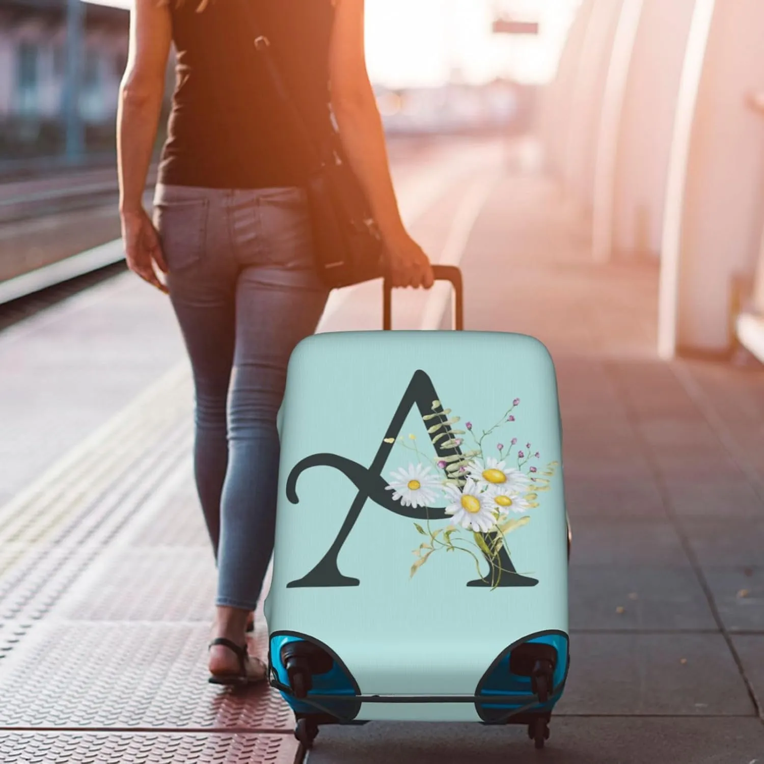 Travel Luggage Cover Elastic Blue Suitcase Protector Bag,Black Letter A Boho Floral Daisy Flowers Leaves Dust-Proof Washable Baggage Covers For Wheeled Suitcase Kid Adult,L (For 25-28 Inch Luggage)