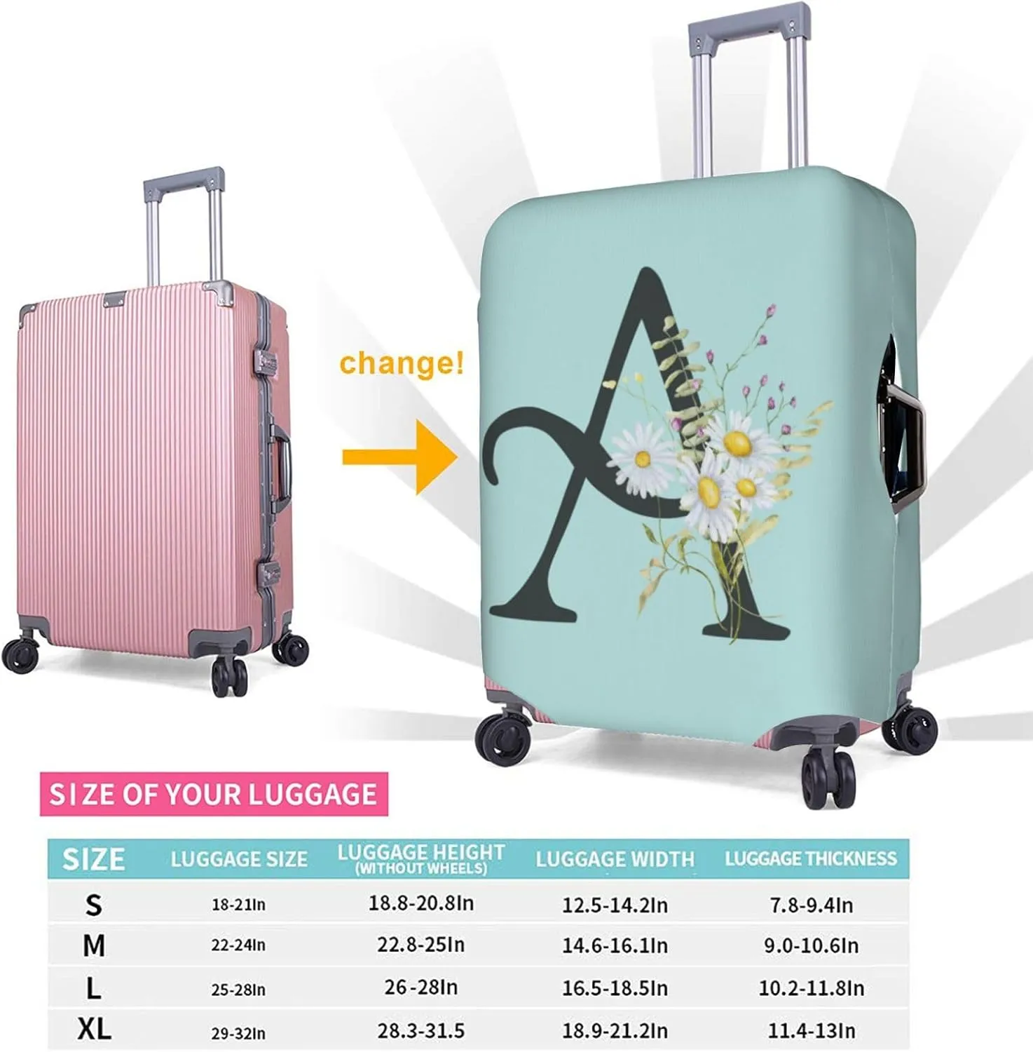 Travel Luggage Cover Elastic Blue Suitcase Protector Bag,Black Letter A Boho Floral Daisy Flowers Leaves Dust-Proof Washable Baggage Covers For Wheeled Suitcase Kid Adult,L (For 25-28 Inch Luggage)