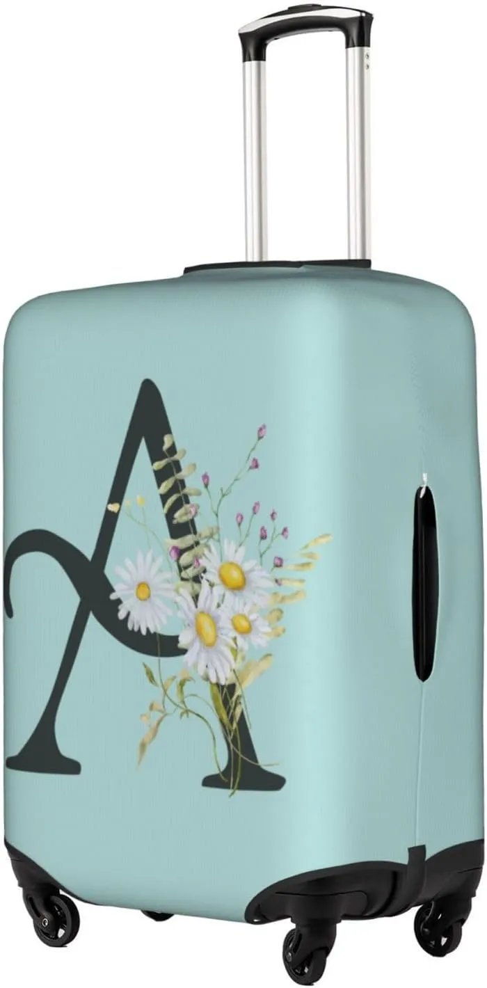 Travel Luggage Cover Elastic Blue Suitcase Protector Bag,Black Letter A Boho Floral Daisy Flowers Leaves Dust-Proof Washable Baggage Covers For Wheeled Suitcase Kid Adult,L (For 25-28 Inch Luggage)