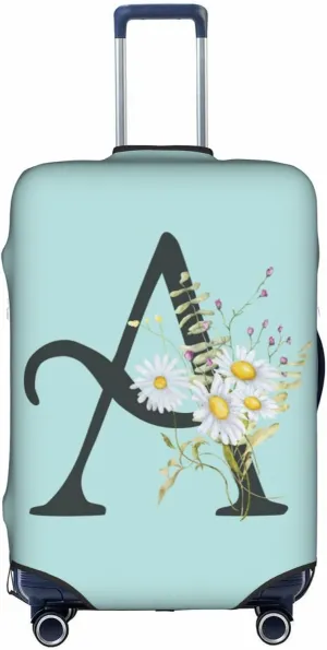 Travel Luggage Cover Elastic Blue Suitcase Protector Bag,Black Letter A Boho Floral Daisy Flowers Leaves Dust-Proof Washable Baggage Covers For Wheeled Suitcase Kid Adult,L (For 25-28 Inch Luggage)