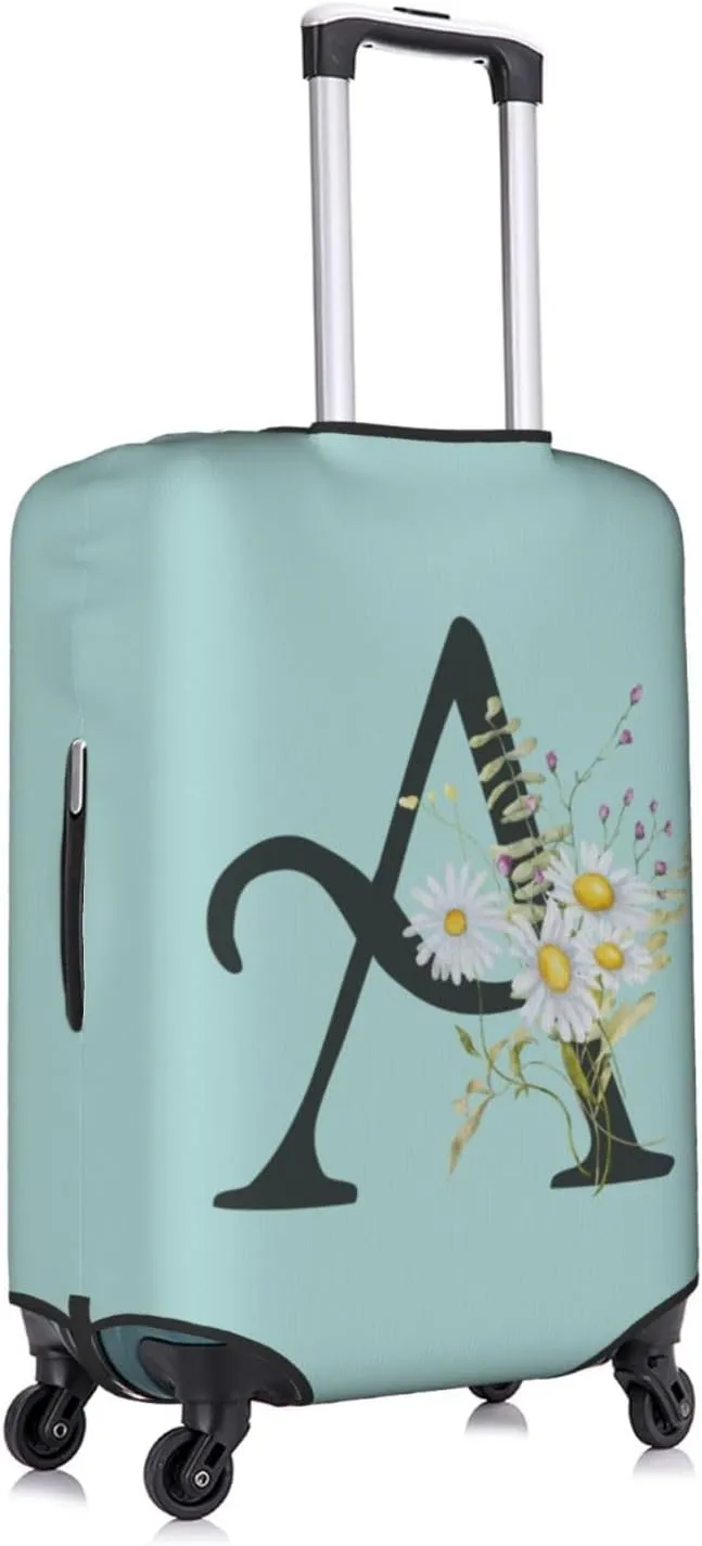 Travel Luggage Cover Elastic Blue Suitcase Protector Bag,Black Letter A Boho Floral Daisy Flowers Leaves Dust-Proof Washable Baggage Covers For Wheeled Suitcase Kid Adult,L (For 25-28 Inch Luggage)