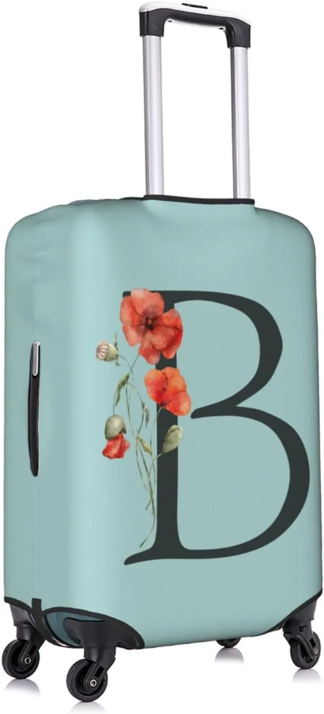 Travel Luggage Cover Elastic Blue Suitcase Protector Bag,Black Letter B Boho Floral Poppy Flowers Leaves Dust-Proof Washable Baggage Covers For Wheeled Suitcase Kid Adult,Xl (For 29-32 Inch Luggage)