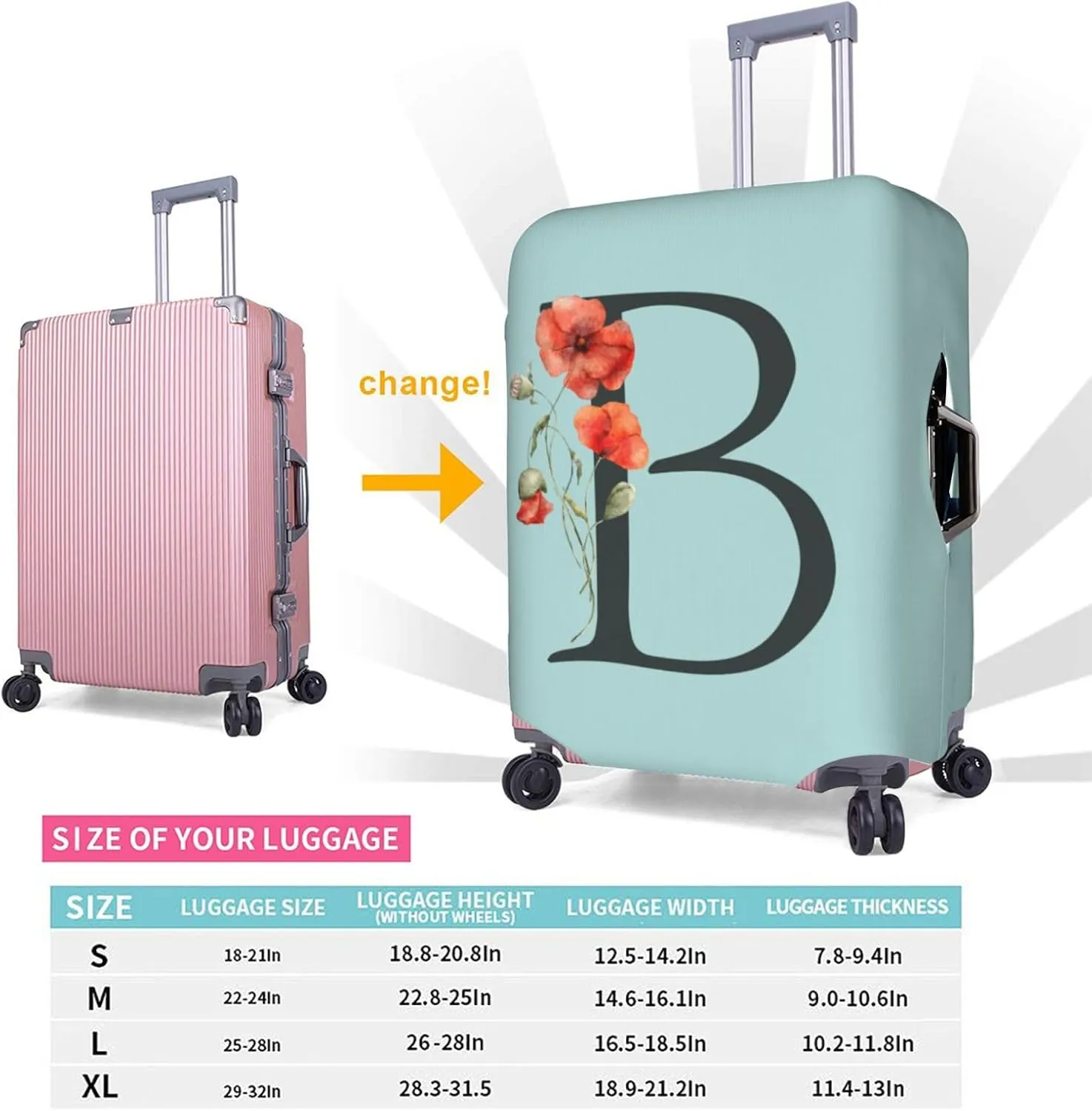 Travel Luggage Cover Elastic Blue Suitcase Protector Bag,Black Letter B Boho Floral Poppy Flowers Leaves Dust-Proof Washable Baggage Covers For Wheeled Suitcase Kid Adult,Xl (For 29-32 Inch Luggage)