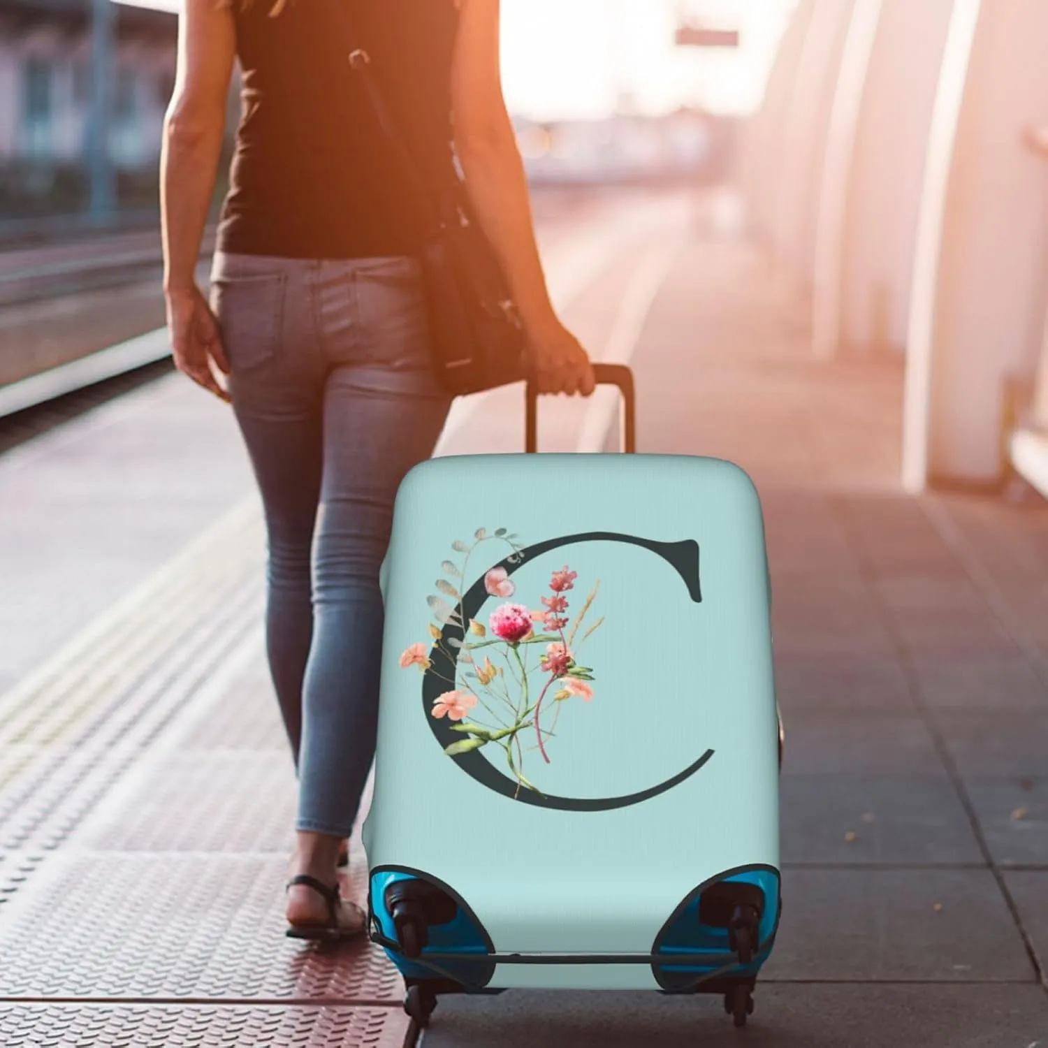 Travel Luggage Cover Elastic Blue Suitcase Protector Bag,Black Letter C Boho Floral Flowers Leaves Anti-Scratch Washable Baggage Covers For Wheeled Suitcase Kid Adult,L (For 25-28 Inch Luggage)