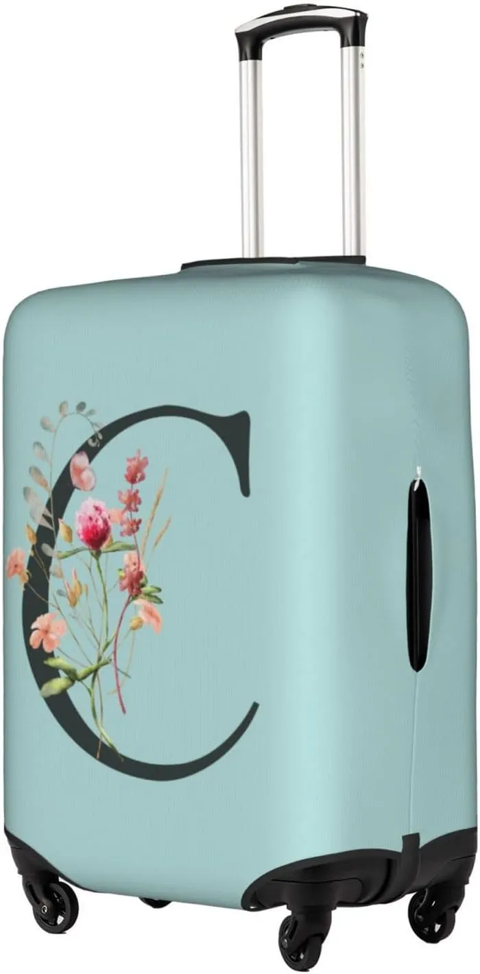 Travel Luggage Cover Elastic Blue Suitcase Protector Bag,Black Letter C Boho Floral Flowers Leaves Anti-Scratch Washable Baggage Covers For Wheeled Suitcase Kid Adult,L (For 25-28 Inch Luggage)