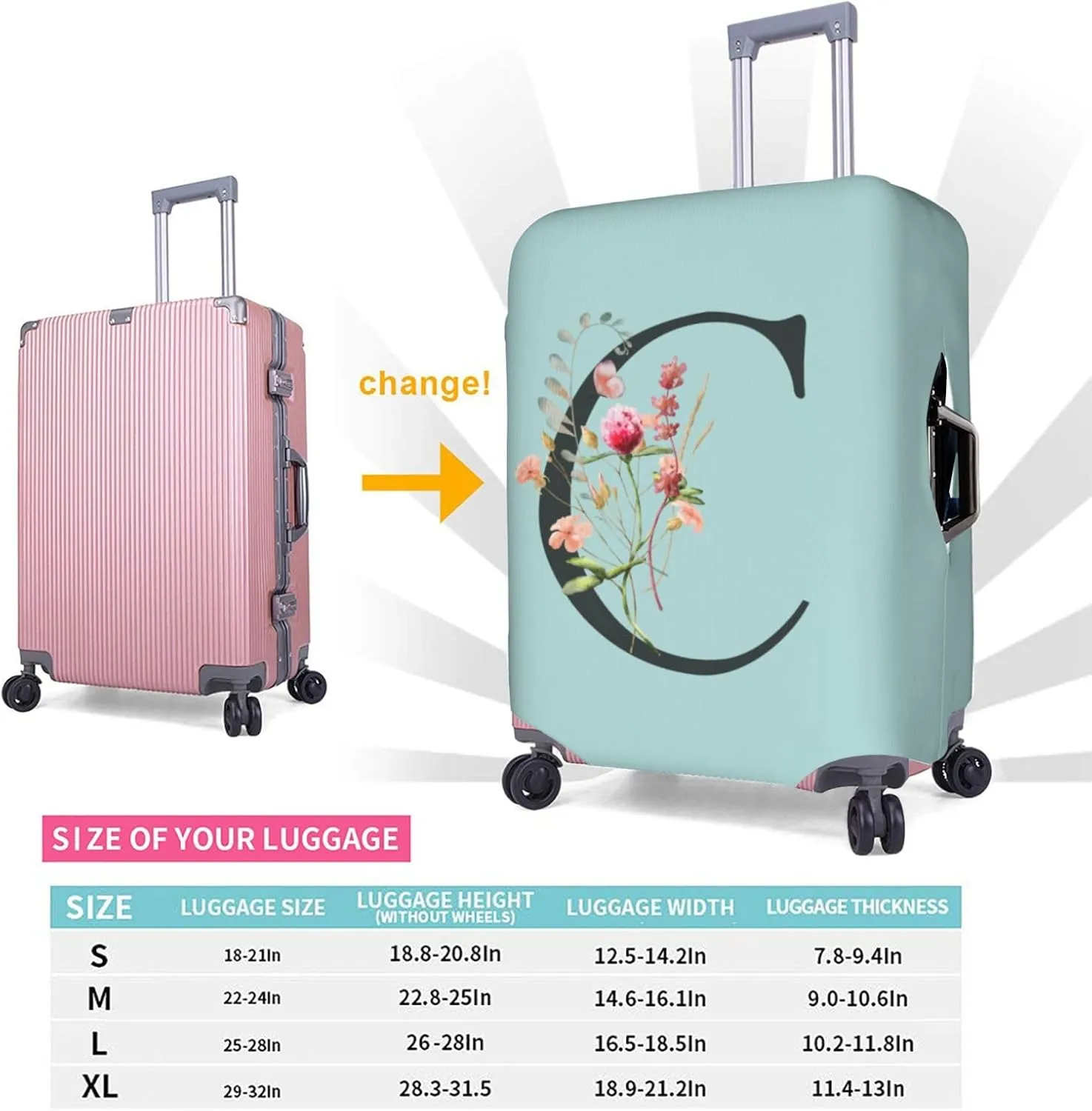 Travel Luggage Cover Elastic Blue Suitcase Protector Bag,Black Letter C Boho Floral Flowers Leaves Anti-Scratch Washable Baggage Covers For Wheeled Suitcase Kid Adult,L (For 25-28 Inch Luggage)