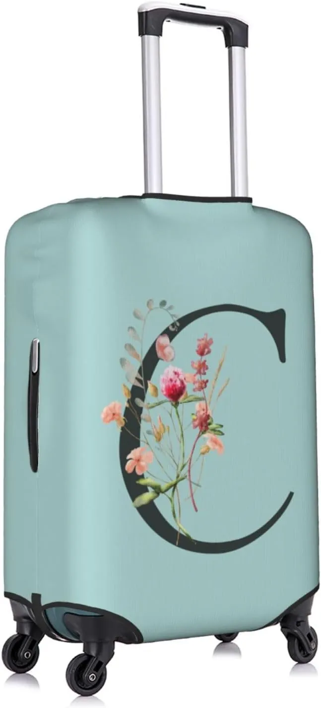 Travel Luggage Cover Elastic Blue Suitcase Protector Bag,Black Letter C Boho Floral Flowers Leaves Anti-Scratch Washable Baggage Covers For Wheeled Suitcase Kid Adult,L (For 25-28 Inch Luggage)