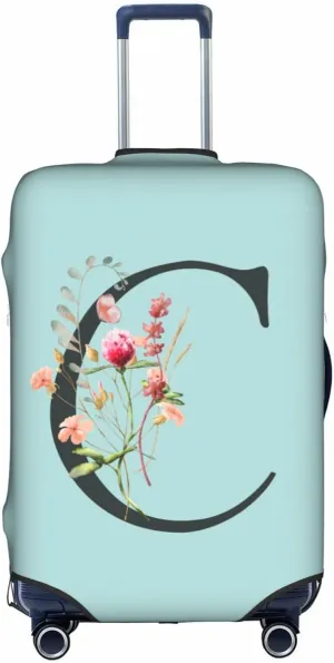 Travel Luggage Cover Elastic Blue Suitcase Protector Bag,Black Letter C Boho Floral Flowers Leaves Anti-Scratch Washable Baggage Covers For Wheeled Suitcase Kid Adult,L (For 25-28 Inch Luggage)