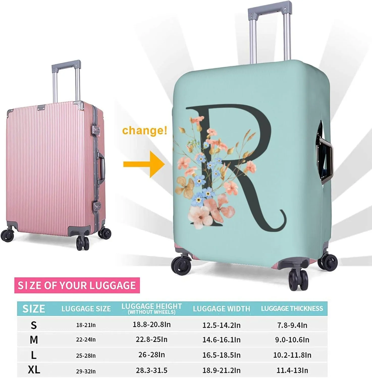 Travel Luggage Cover Elastic Blue Suitcase Protector Bag,Black Letter R Boho Floral Flowers Leaves Dust-Proof Washable Baggage Covers For Wheeled Suitcase Kid Adult,S (For 18-21 Inch Luggage)