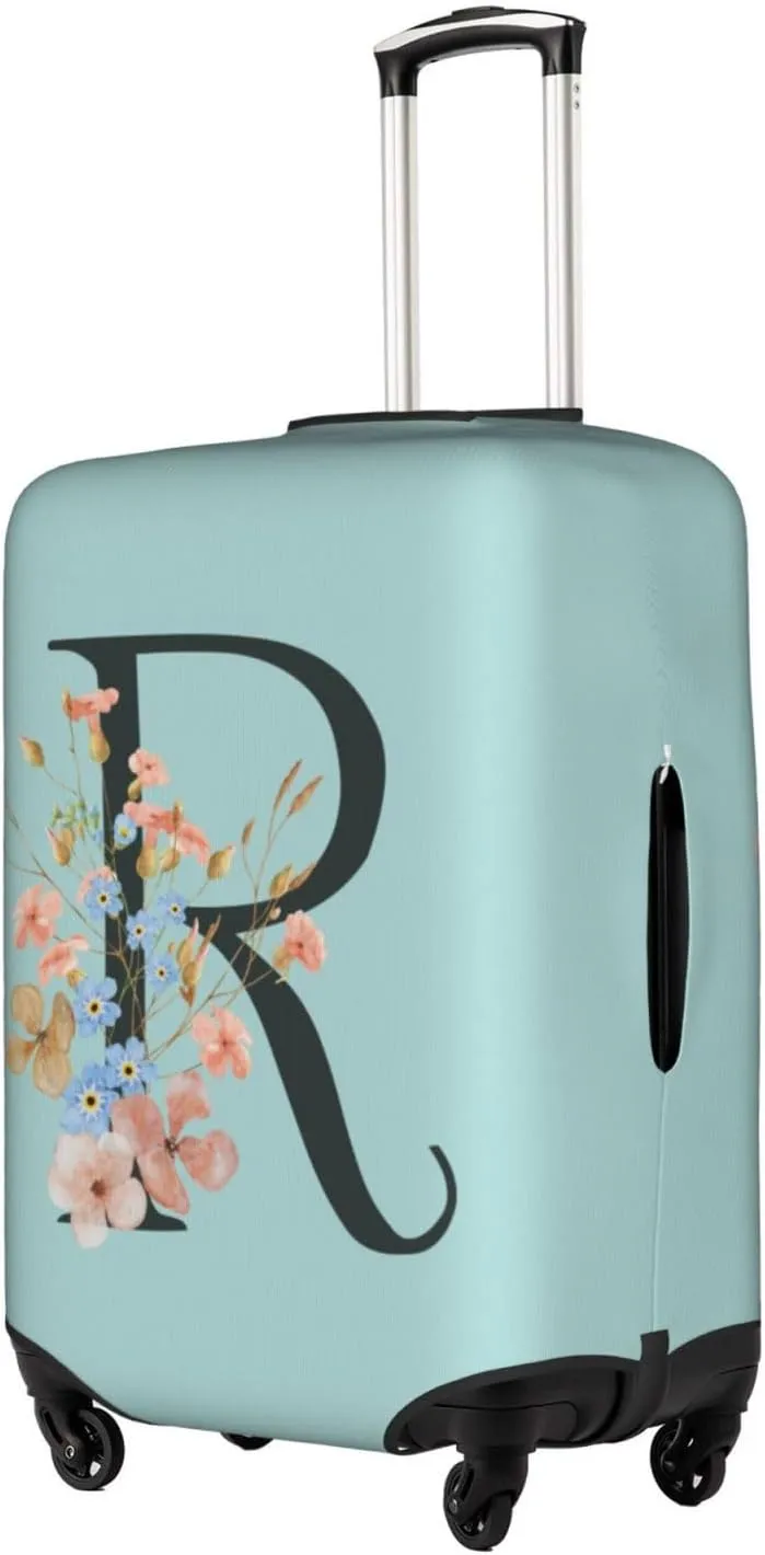 Travel Luggage Cover Elastic Blue Suitcase Protector Bag,Black Letter R Boho Floral Flowers Leaves Dust-Proof Washable Baggage Covers For Wheeled Suitcase Kid Adult,S (For 18-21 Inch Luggage)