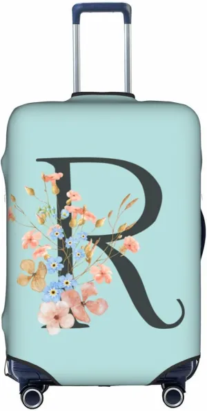 Travel Luggage Cover Elastic Blue Suitcase Protector Bag,Black Letter R Boho Floral Flowers Leaves Dust-Proof Washable Baggage Covers For Wheeled Suitcase Kid Adult,S (For 18-21 Inch Luggage)