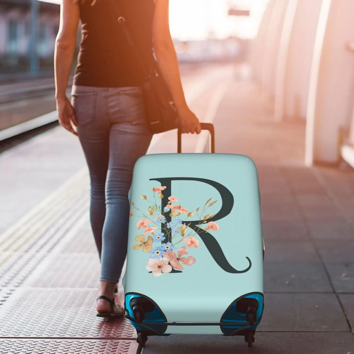 Travel Luggage Cover Elastic Blue Suitcase Protector Bag,Black Letter R Boho Floral Flowers Leaves Dust-Proof Washable Baggage Covers For Wheeled Suitcase Kid Adult,S (For 18-21 Inch Luggage)