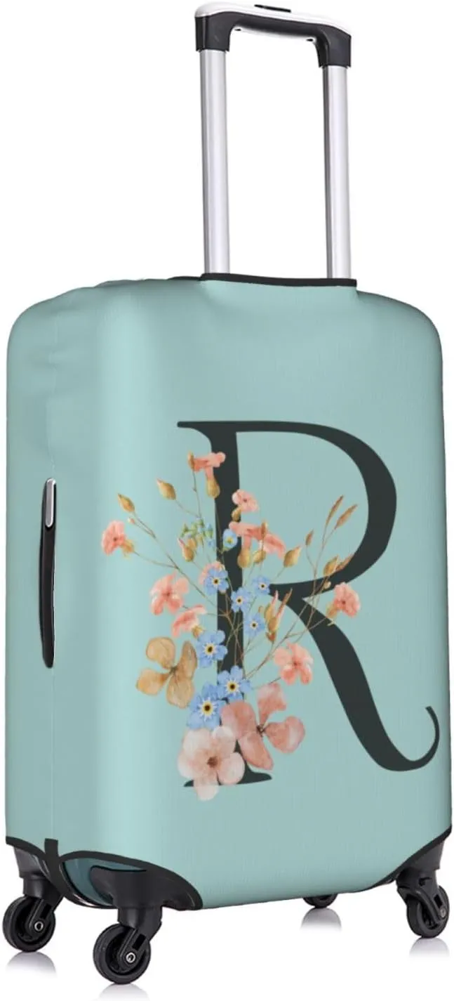 Travel Luggage Cover Elastic Blue Suitcase Protector Bag,Black Letter R Boho Floral Flowers Leaves Dust-Proof Washable Baggage Covers For Wheeled Suitcase Kid Adult,S (For 18-21 Inch Luggage)
