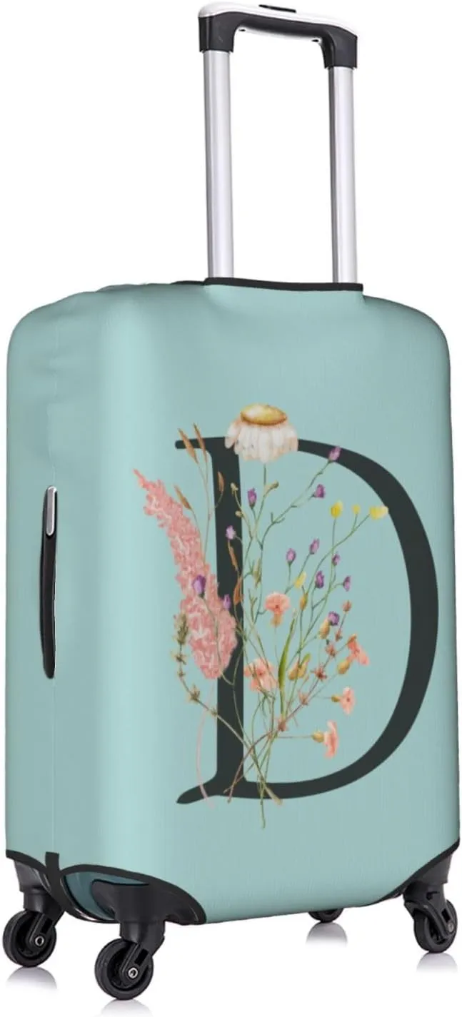 Travel Luggage Cover Spandex Blue Suitcase Protector Bag,Black Letter D Boho Floral Flowers Leaves Dust-Proof Washable Baggage Covers For Wheeled Suitcase Kid Adult,L (For 25-28 Inch Luggage)
