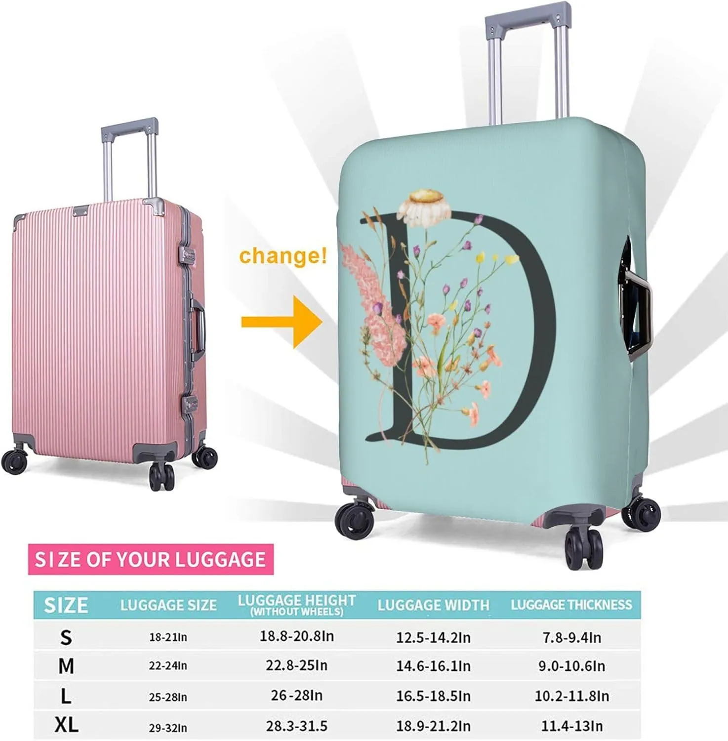 Travel Luggage Cover Spandex Blue Suitcase Protector Bag,Black Letter D Boho Floral Flowers Leaves Dust-Proof Washable Baggage Covers For Wheeled Suitcase Kid Adult,L (For 25-28 Inch Luggage)
