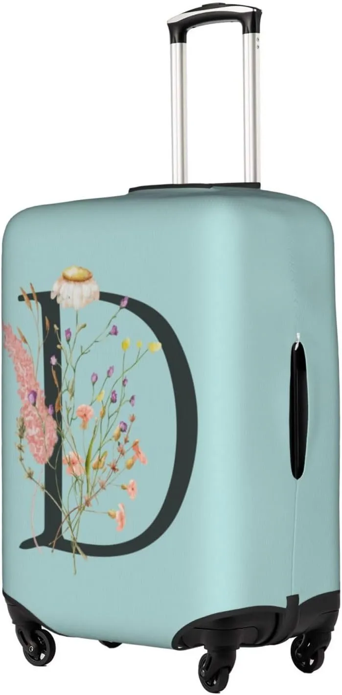 Travel Luggage Cover Spandex Blue Suitcase Protector Bag,Black Letter D Boho Floral Flowers Leaves Dust-Proof Washable Baggage Covers For Wheeled Suitcase Kid Adult,L (For 25-28 Inch Luggage)
