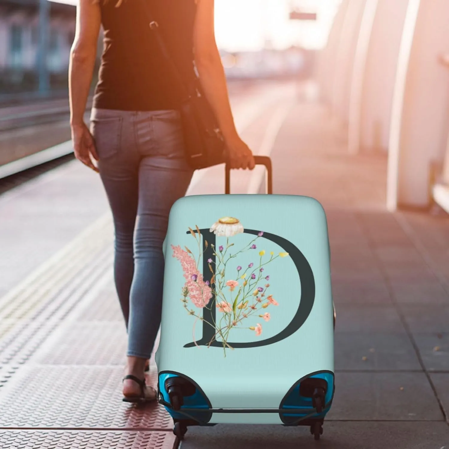 Travel Luggage Cover Spandex Blue Suitcase Protector Bag,Black Letter D Boho Floral Flowers Leaves Dust-Proof Washable Baggage Covers For Wheeled Suitcase Kid Adult,S (For 18-21 Inch Luggage)