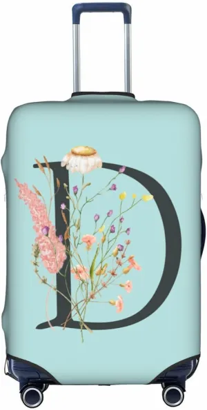Travel Luggage Cover Spandex Blue Suitcase Protector Bag,Black Letter D Boho Floral Flowers Leaves Dust-Proof Washable Baggage Covers For Wheeled Suitcase Kid Adult,S (For 18-21 Inch Luggage)