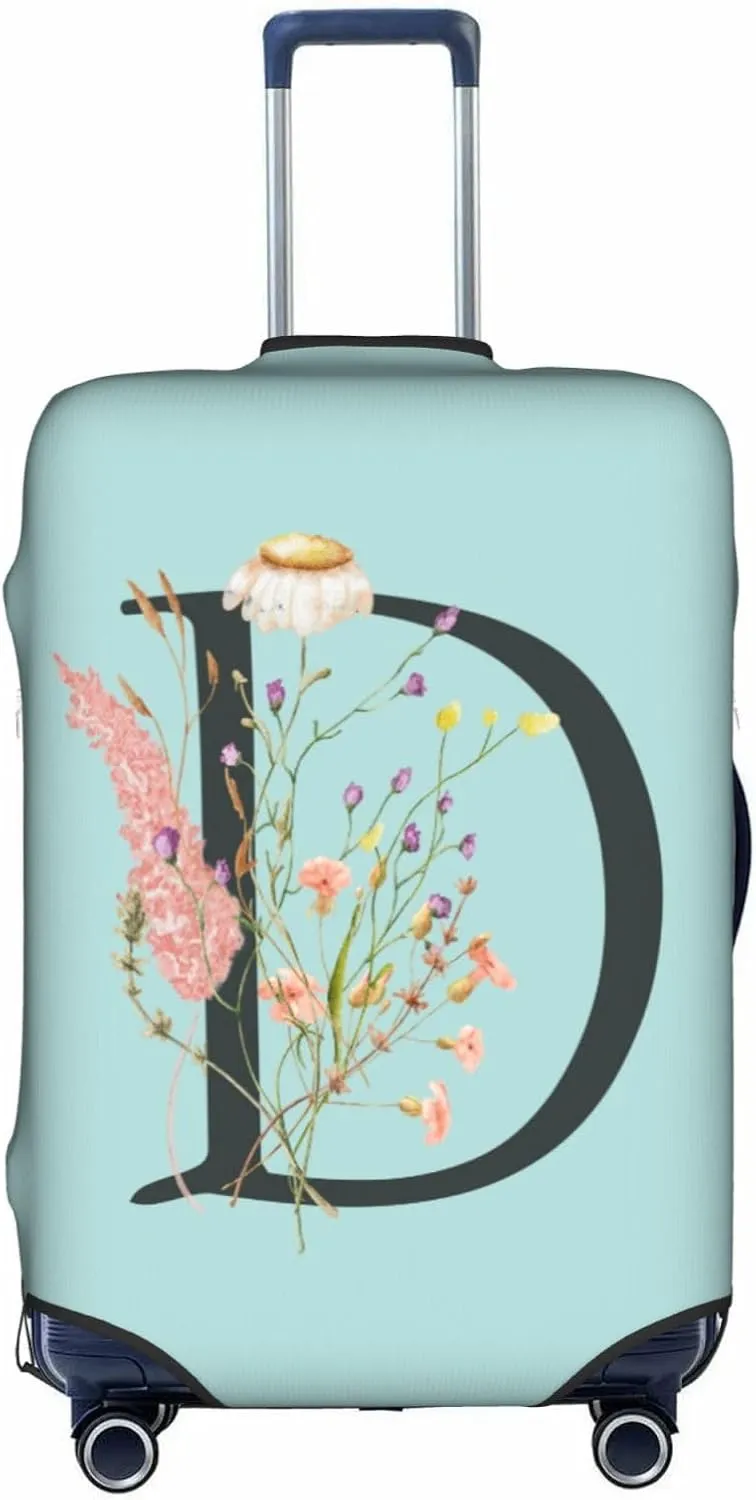 Travel Luggage Cover Spandex Blue Suitcase Protector Bag,Black Letter D Boho Floral Flowers Leaves Dust-Proof Washable Baggage Covers For Wheeled Suitcase Kid Adult,S (For 18-21 Inch Luggage)