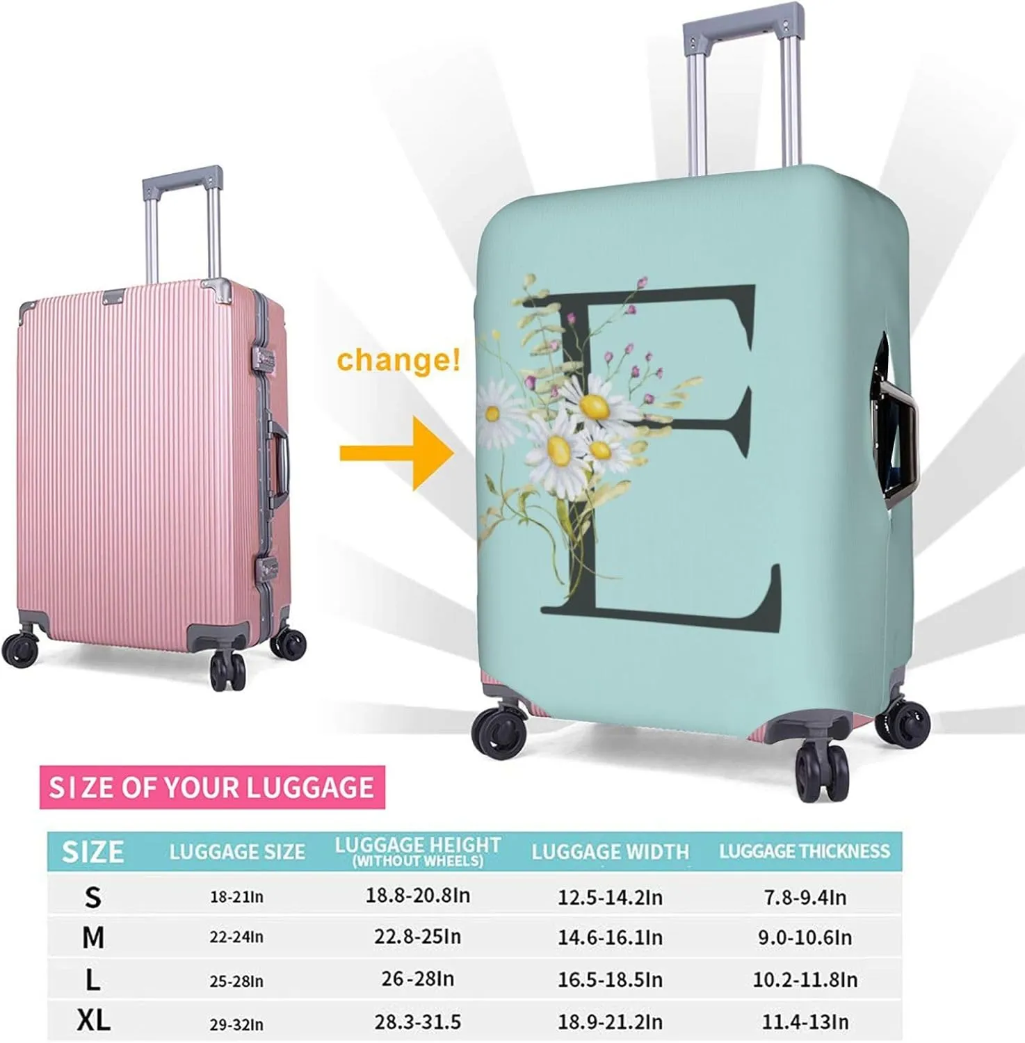 Travel Luggage Cover Spandex Blue Suitcase Protector Bag,Black Letter E Boho Floral Flowers Leaves Dust-Proof Washable Baggage Covers For Wheeled Suitcase Kid Adult,S (For 18-21 Inch Luggage)